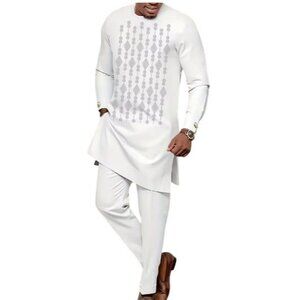 African Formal Dashiki Crisp White Shirt & Pant Suit Traditional Dress Outfit
